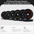 370 Lb Olympic Rubber Bumper Weight Plate Set with 2” Steel Hub Inserts