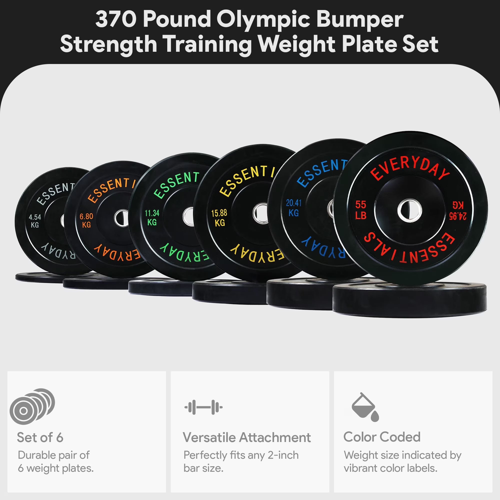 370 Lb Olympic Rubber Bumper Weight Plate Set with 2” Steel Hub Inserts