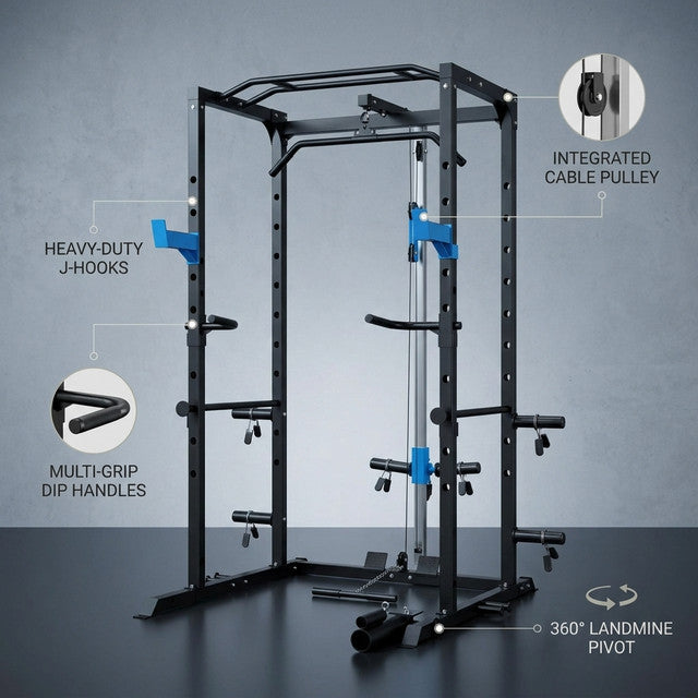Power Cage Multi-Functional J-Hooks, Dip Handles, Landmine, Cable Pulley for Home Gym — Lifestyle