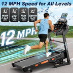5.0 HP Folding Treadmill with 20-Level Adjustable Incline, 12Mph Speed Running Machine,Treadmill 400 Lb Capacity, Silent Brushless Motor,105 Preset Training Program Electric Treadmills for Home Use