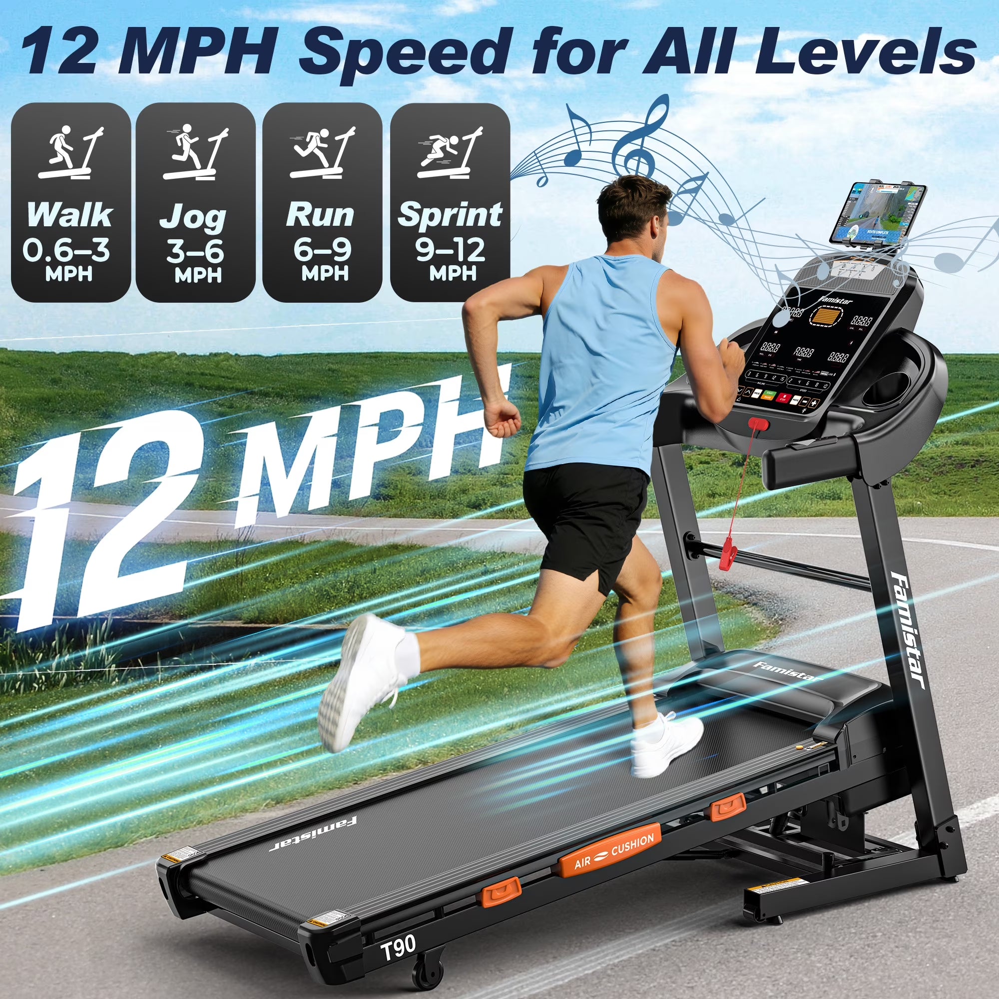 5.0 HP Folding Treadmill with 20-Level Adjustable Incline, 12Mph Speed Running Machine,Treadmill 400 Lb Capacity, Silent Brushless Motor,105 Preset Training Program Electric Treadmills for Home Use