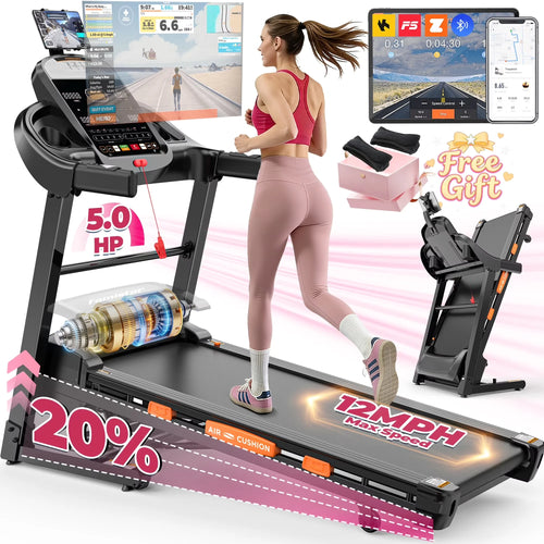5.0 HP Folding Treadmill with 20-Level Adjustable Incline, 12Mph Speed Running Machine,Treadmill 400 Lb Capacity, Silent Brushless Motor,105 Preset Training Program Electric Treadmills for Home Use