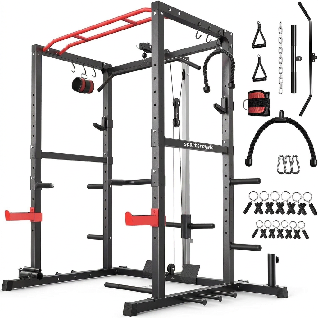 Power Cage,1200Lbs Multi-Function Power Rack with Adjustable Cable Crossover System Weight Cage for Home Gym,Red — Studio Shot